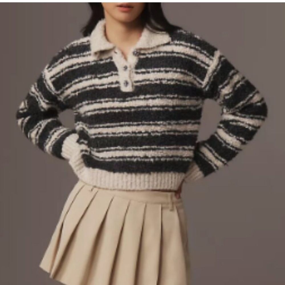 Anthropologie Maeve Striped Embellished Crop Polo Sweater